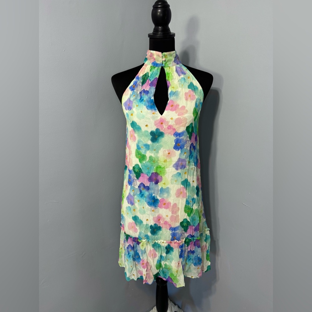 PAIGE Pastel Watercolor Floral Midi Dress Womens Small Halter Neck Ruffle Hem